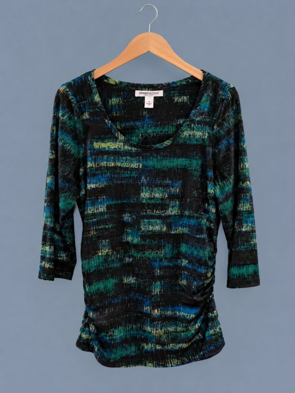 Kenneth Cole Abstract Print Ruched 3/4 Sleeve Scoop Neck Top Size M